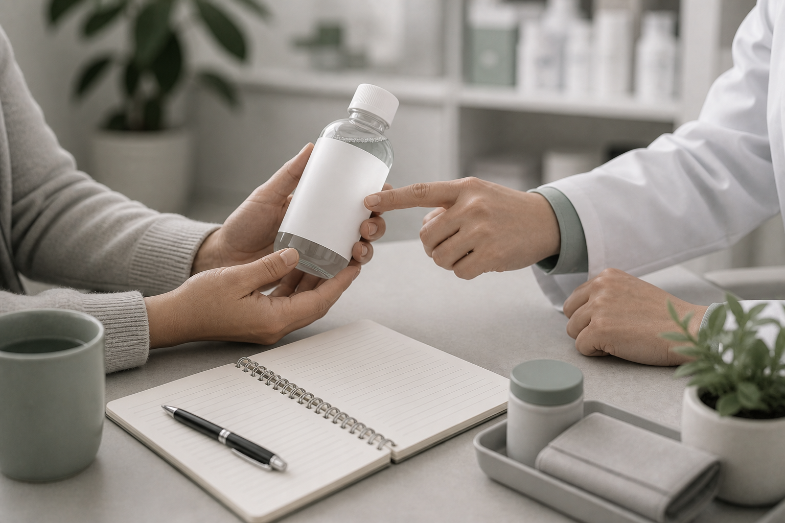 Patient and professional reviewing an unbranded antiseptic bottle and blank notes.