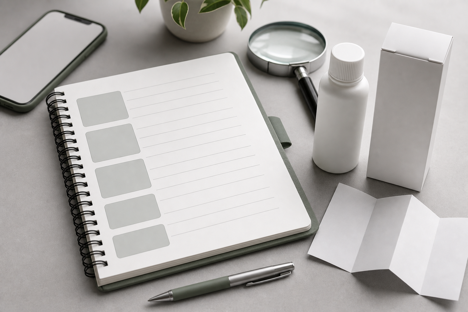 Notebook and blank product package for gathering product details.