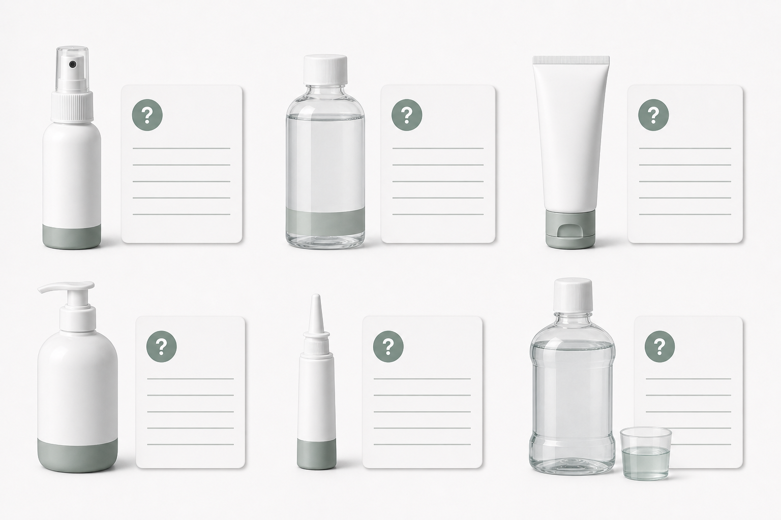 Unbranded product-type question cards for several octenidine-related formats.