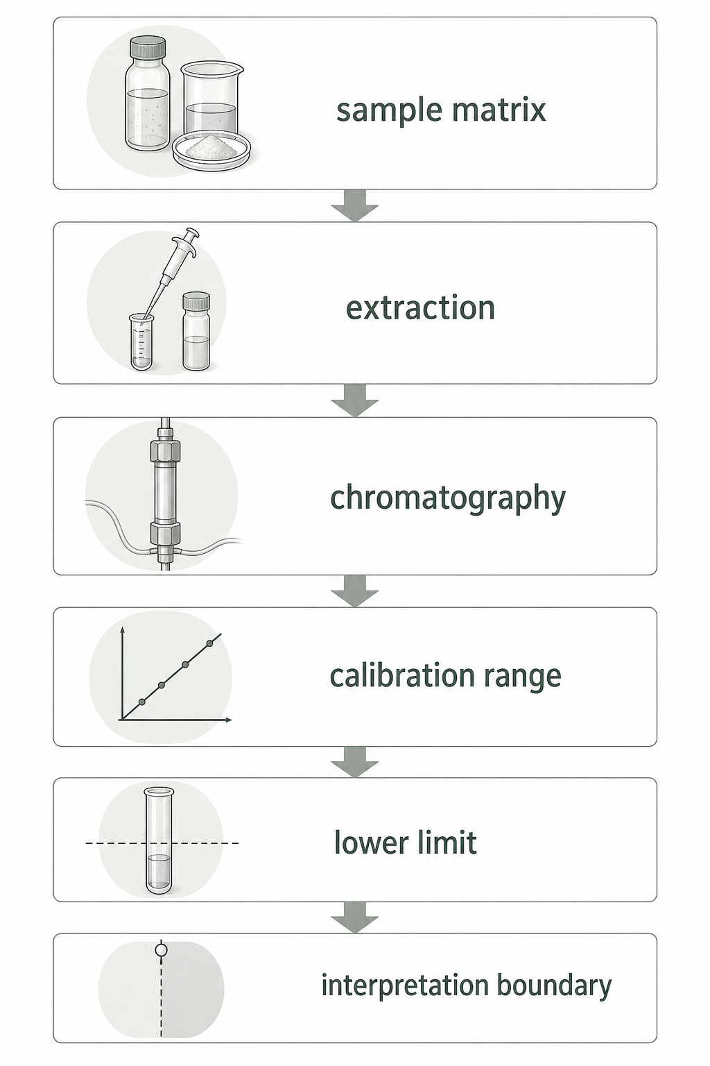 Process diagram showing sample matrix, extraction, chromatography, calibration, and quantification limits.