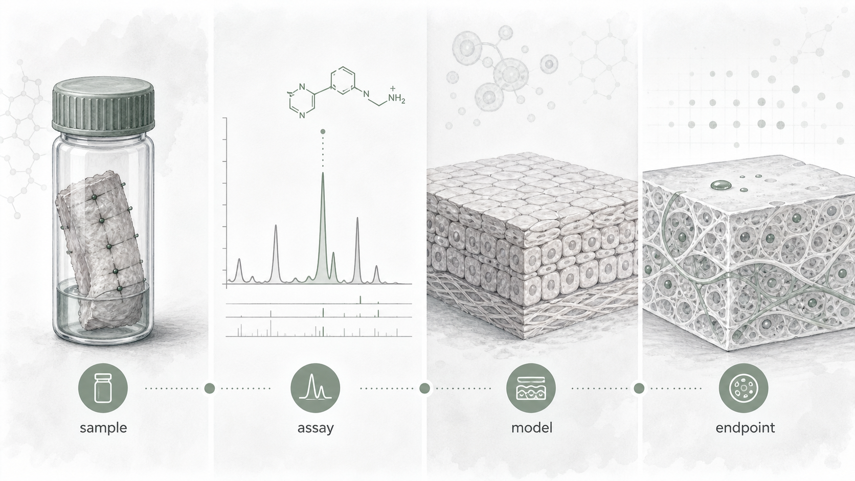 Editorial researcher visual separating octenidine residue, tissue concentration, model activity, and cytocompatibility.