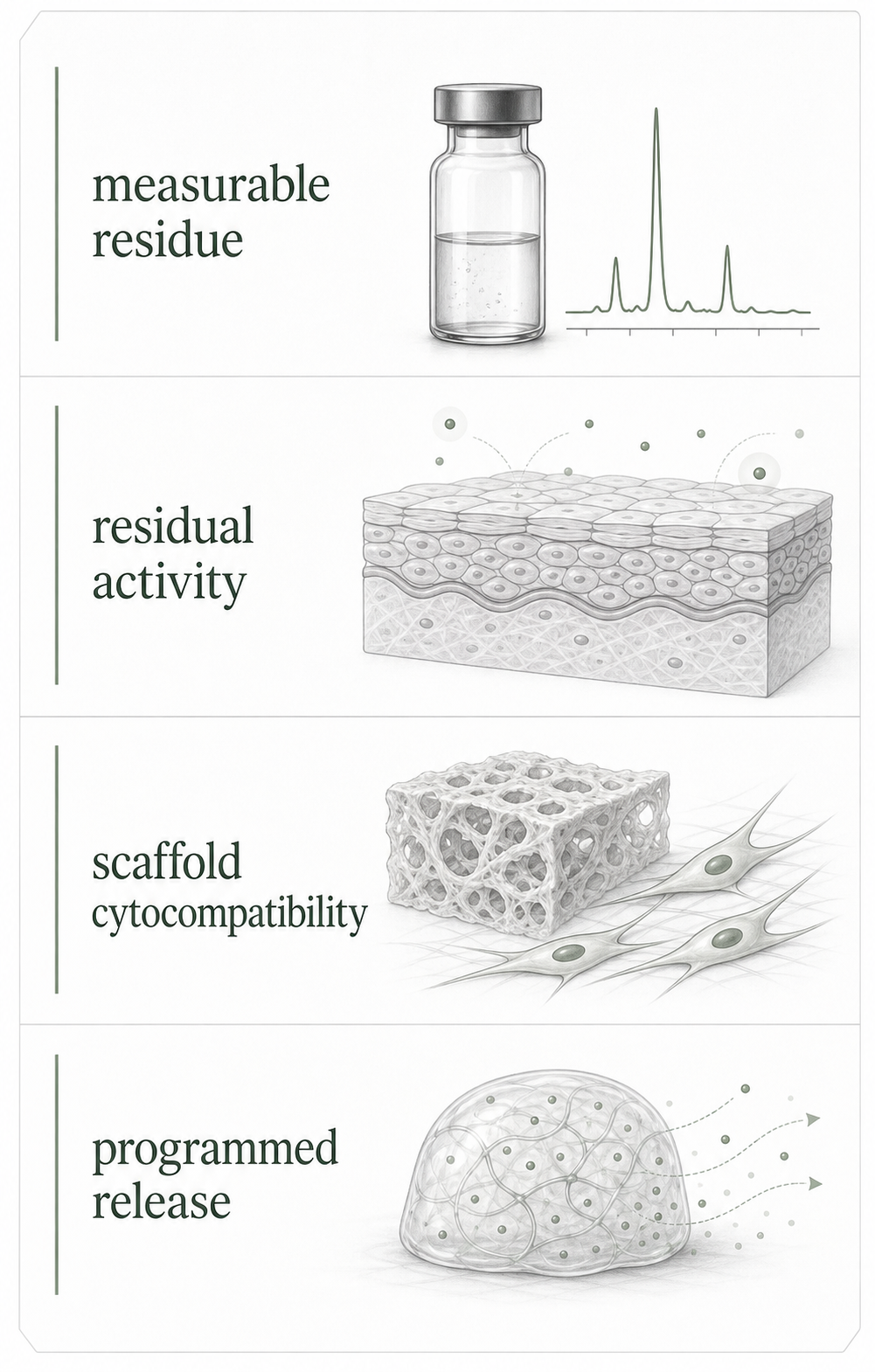 Concept map separating octenidine residue, residual activity, scaffold cytocompatibility, and release-system questions.
