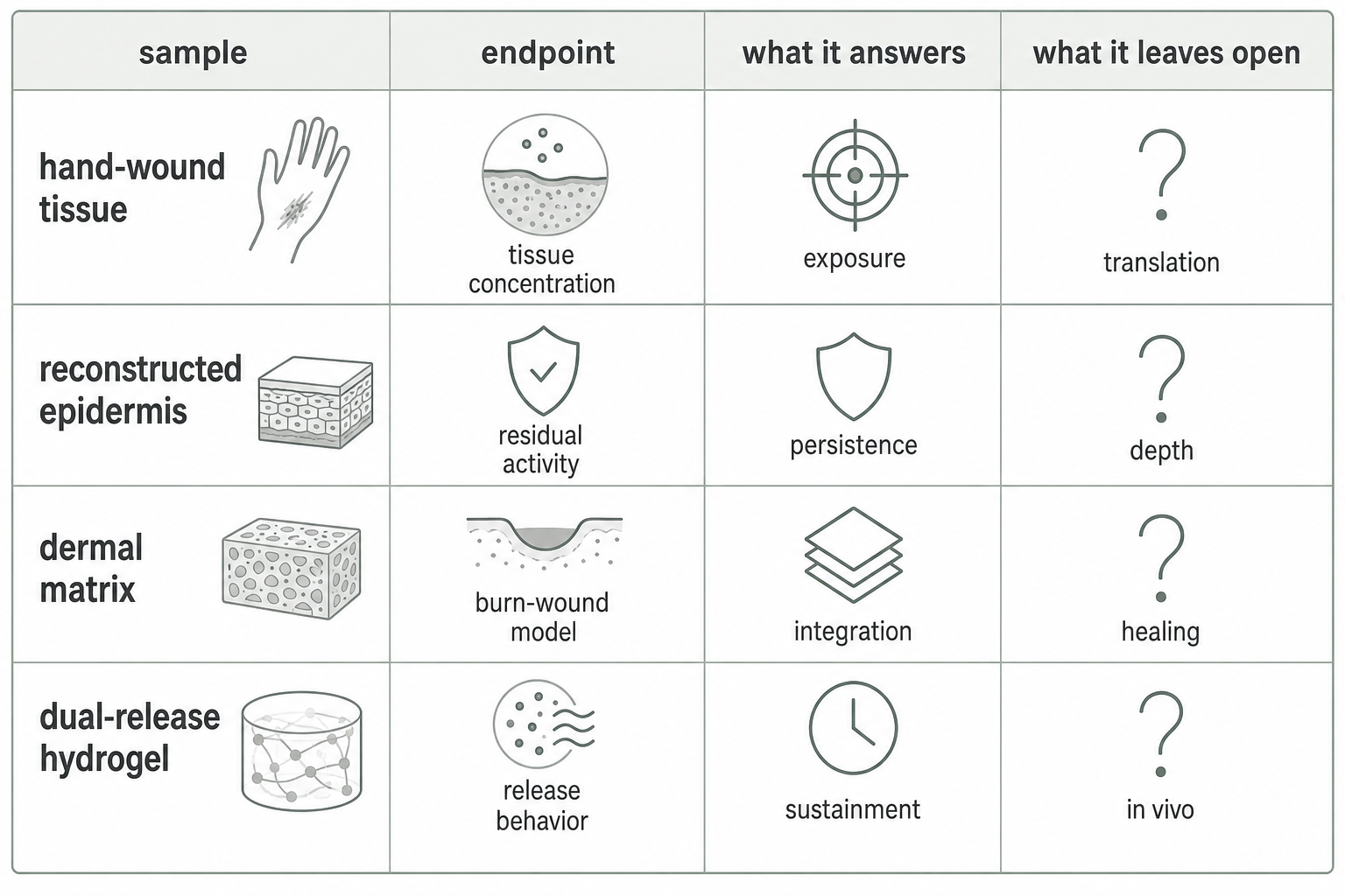 Evidence matrix comparing octenidine tissue, reconstructed epidermis, scaffold, and release-system studies.