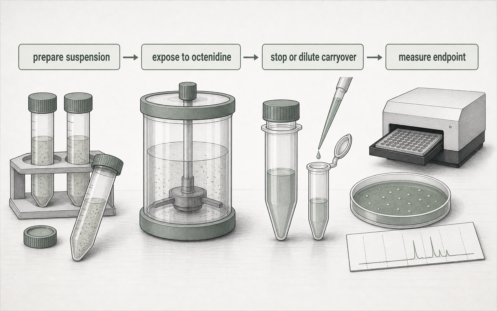 Process graphic of octenidine assay setup, exposure, neutralization, and endpoint measurement.