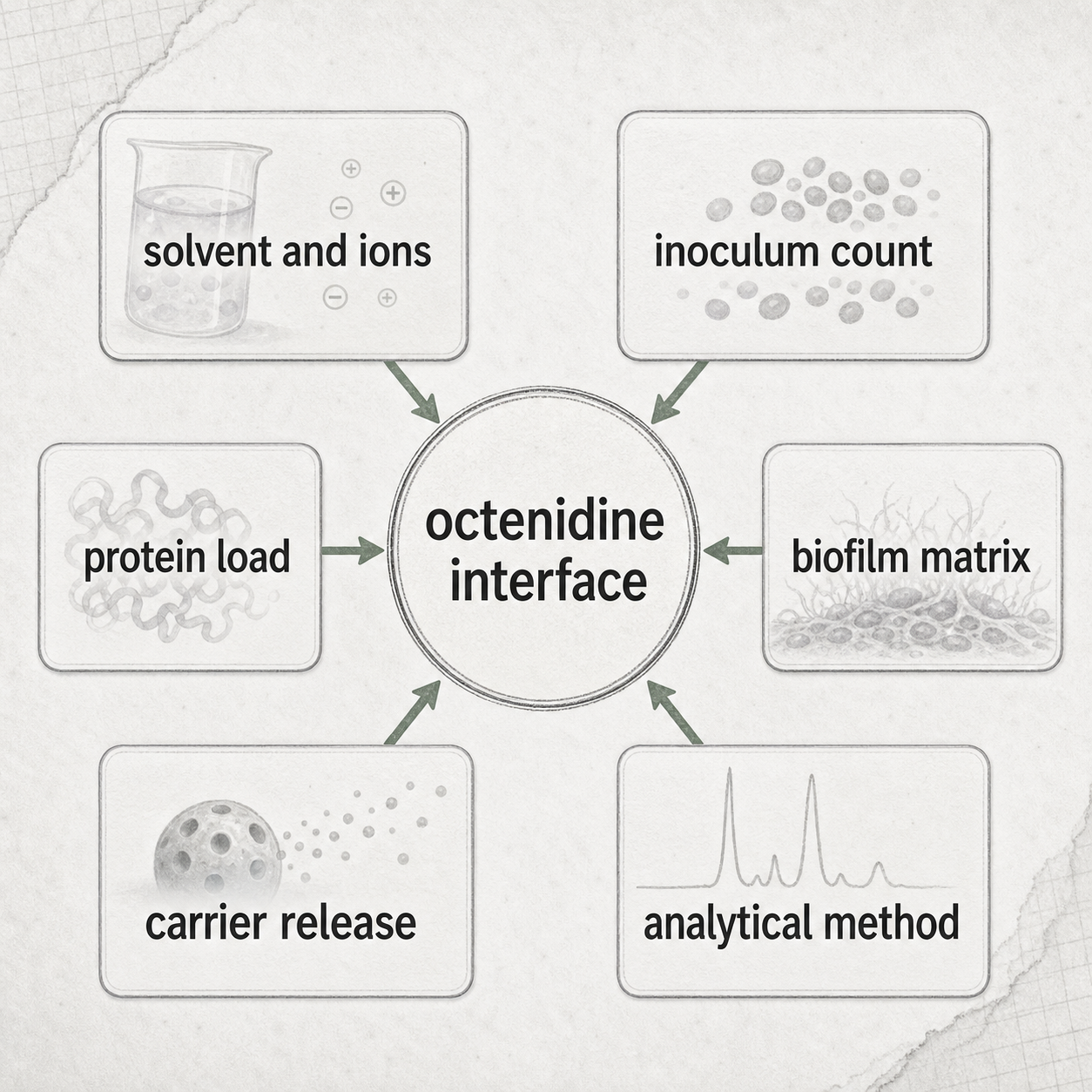 Map of solvent, inoculum, protein, matrix, release, and measurement variables around octenidine.
