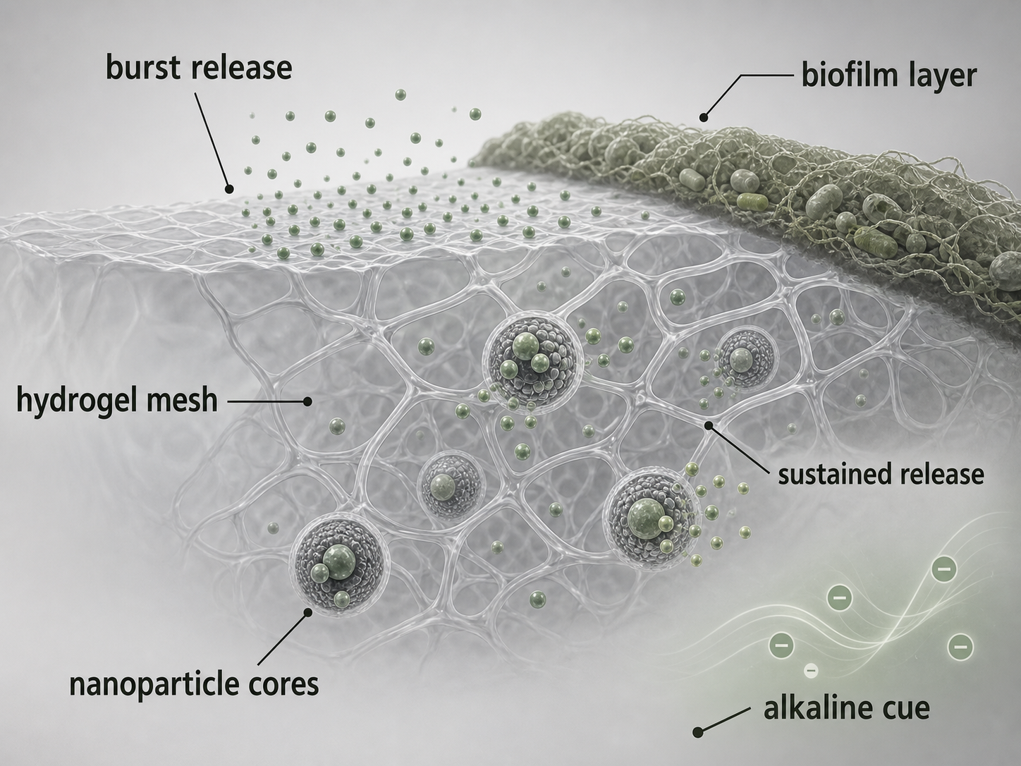 Formulation cross-section showing burst and sustained octenidine release from hydrogel.