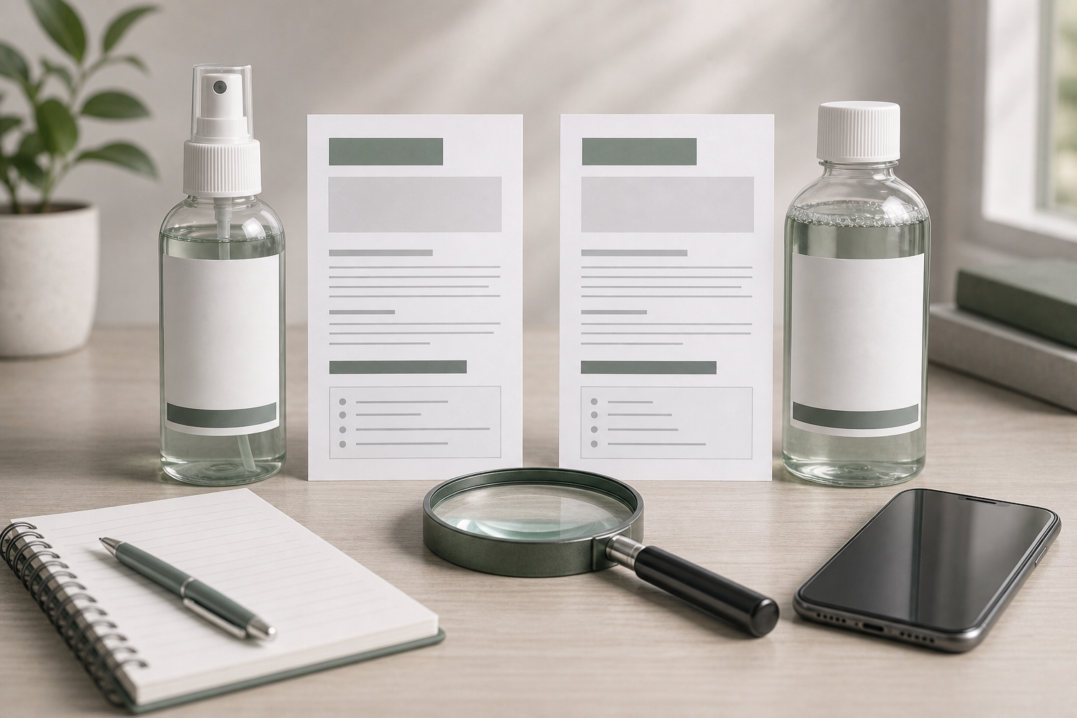 Two unbranded antiseptic label sheets side by side with a magnifying glass and notebook.