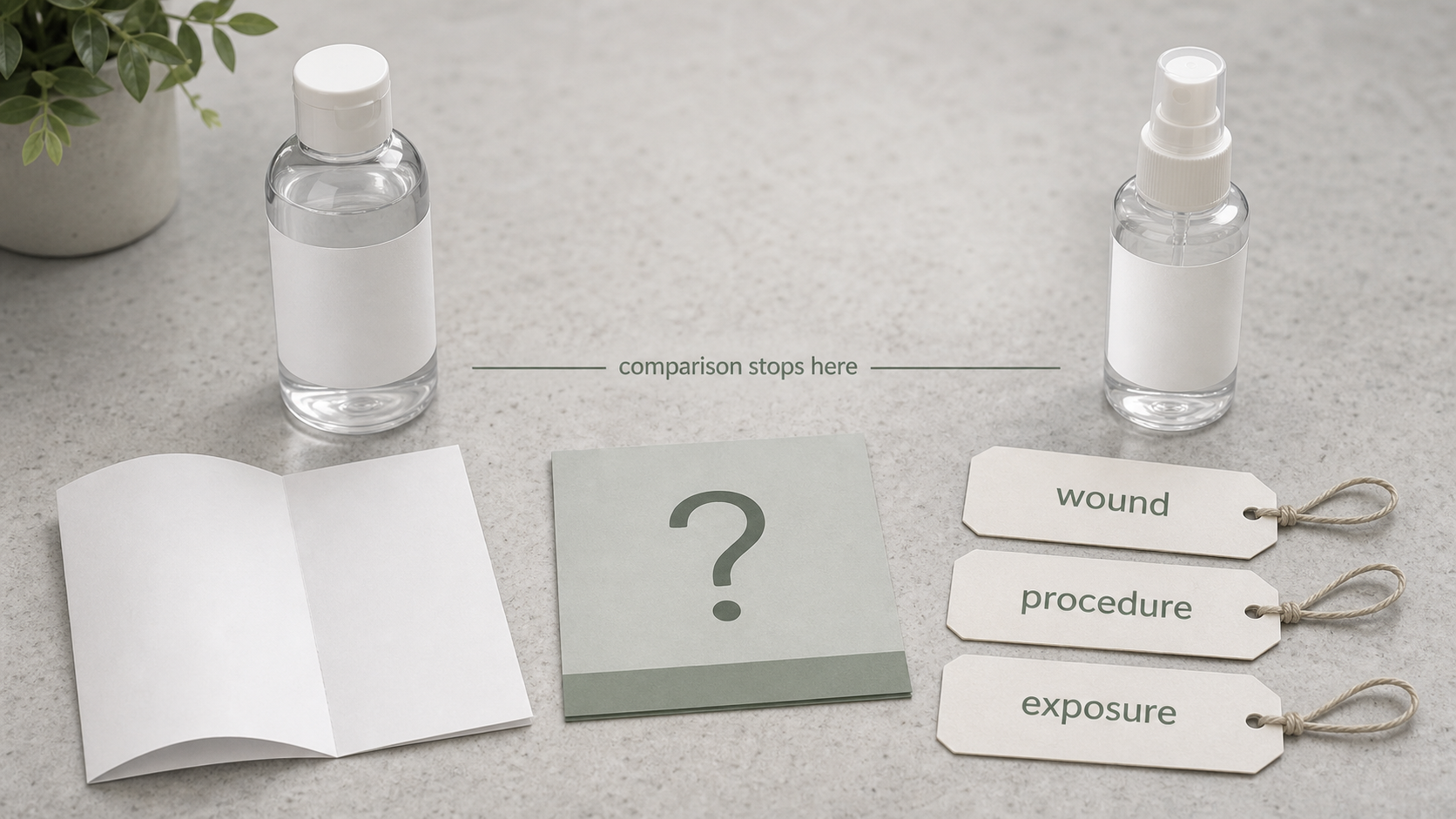Counter scene with labels, a pharmacist question card, and a clear stop line.