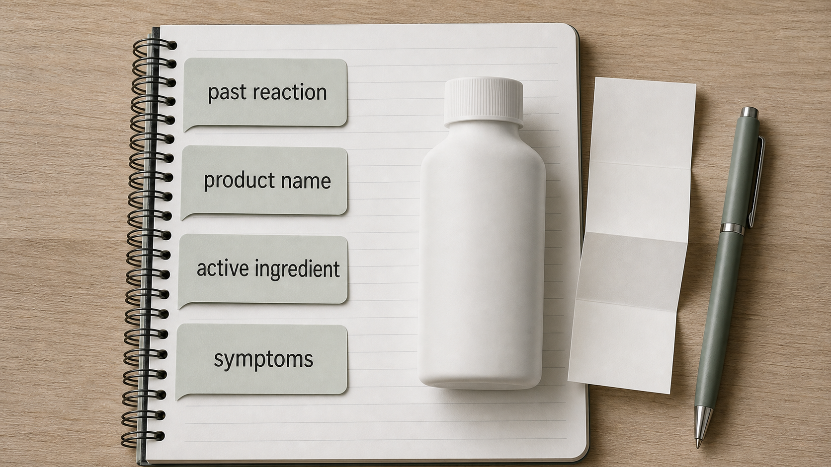 Notebook card for past reaction, product name, active ingredient, and symptoms.