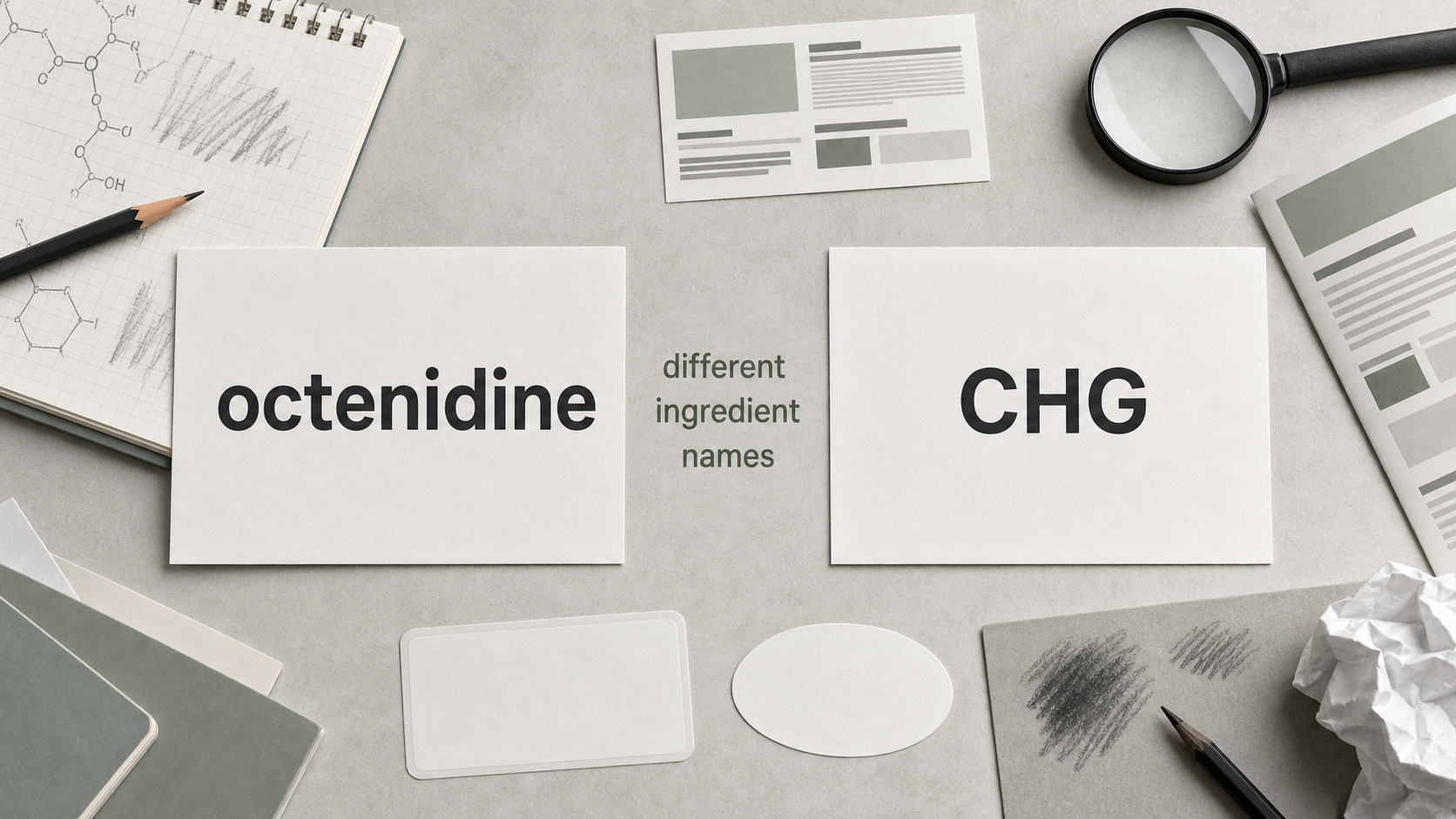 Two equal ingredient cards for octenidine and CHG beside blank product labels.