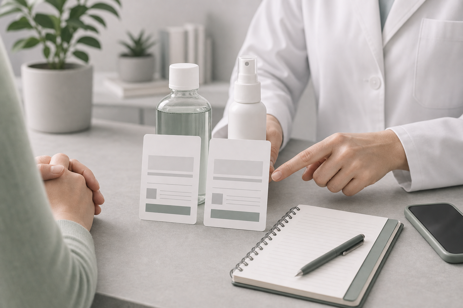 Patient and professional comparing two unbranded antiseptic labels with blank notes.