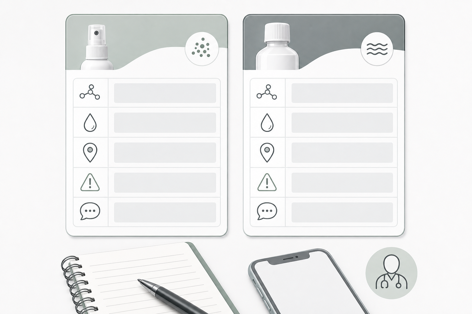 Two blank antiseptic label cards with icons for ingredient, warning, and professional questions.