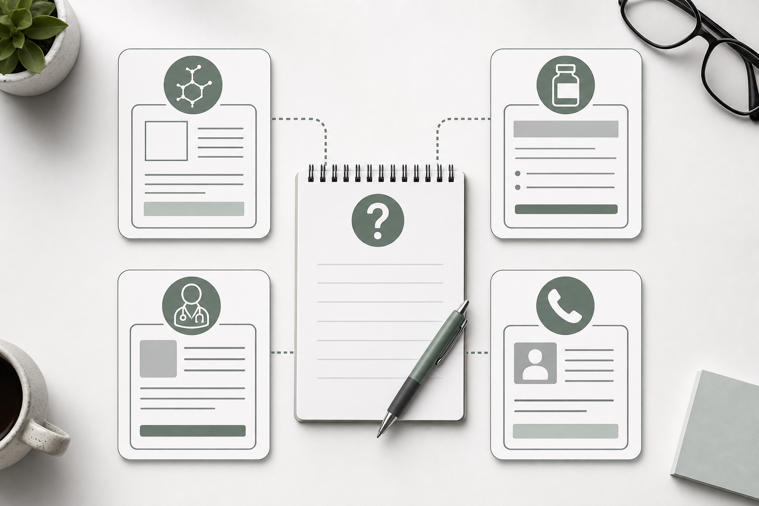Generic document cards around a blank patient question notebook.
