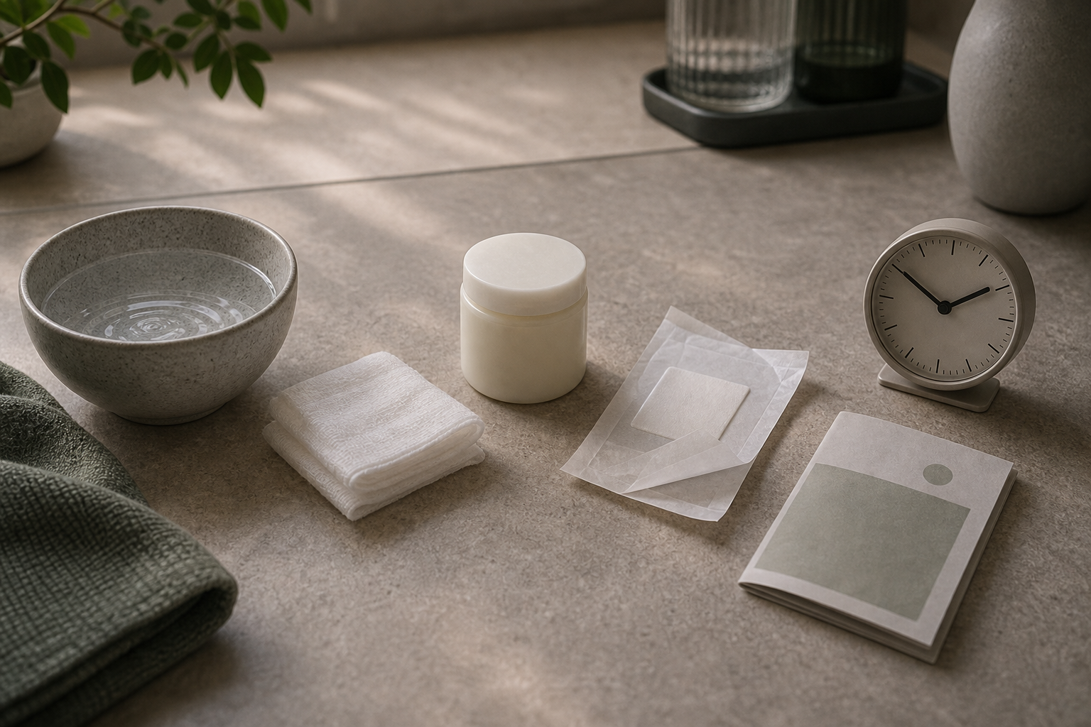 Object path with water bowl, clean gauze, ointment jar silhouette, dressing, and watchful clock.