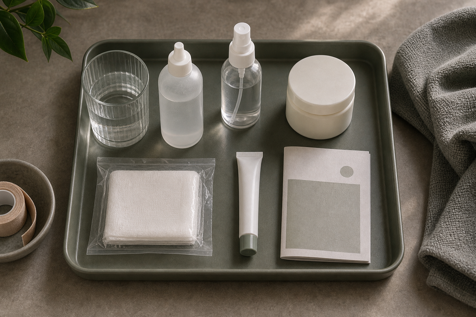 First-aid tray with separate fictional bottles, gauze, dressing, ointment jar, and folded leaflet.