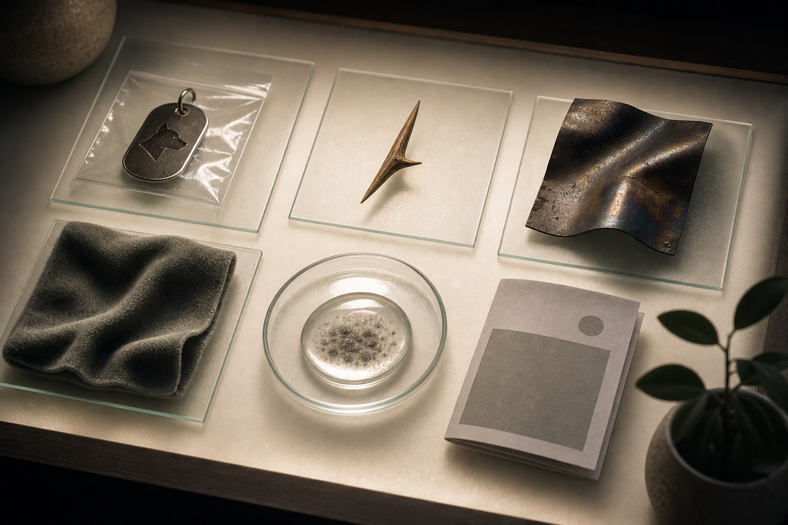 Abstract first-aid boundary objects including sealed animal-tag charm, thorn, heat-warped metal, deep-shadow fold, and clinic note.
