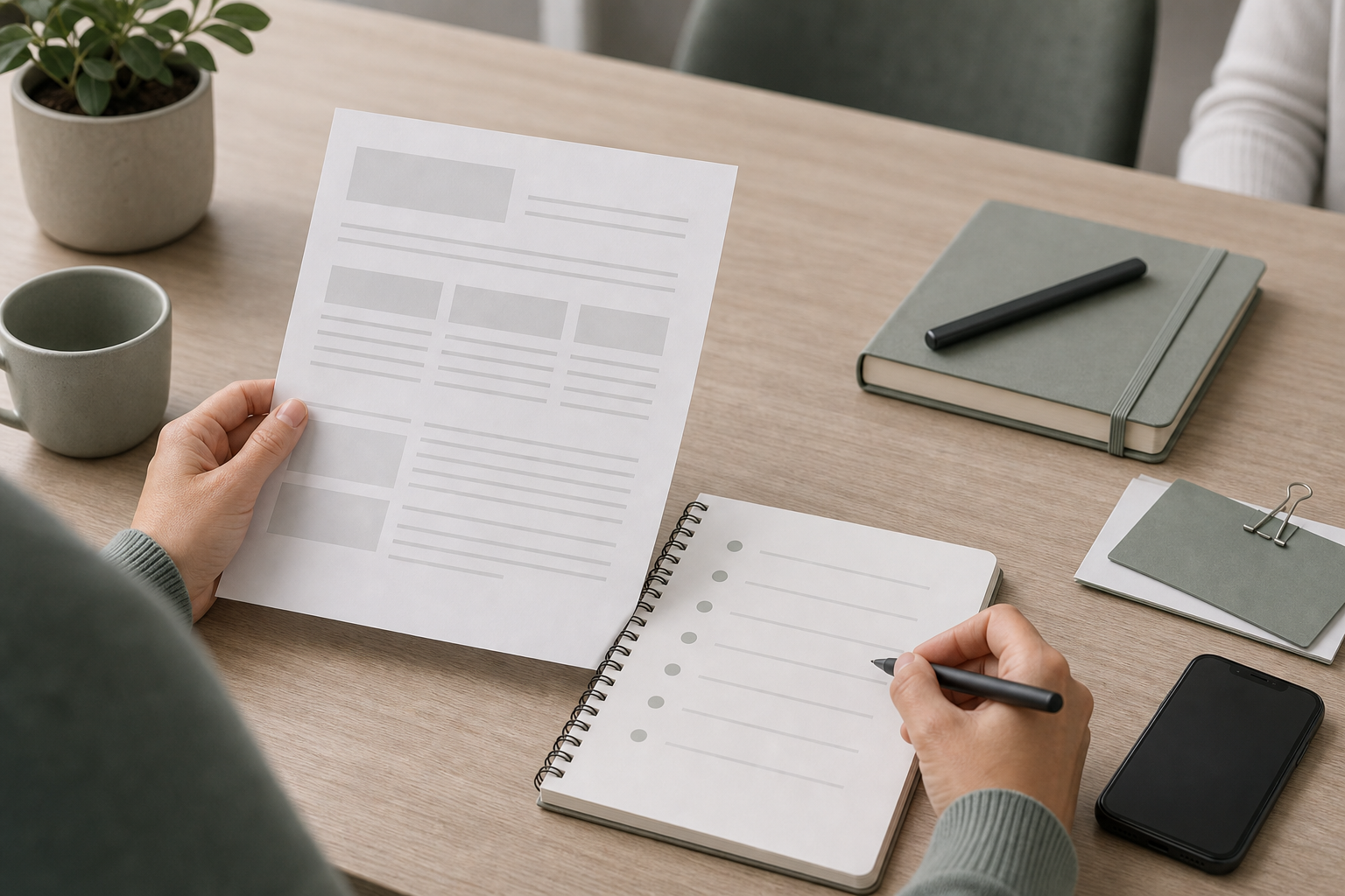 An adult preparing a question list and a generic product information sheet at a calm desk.