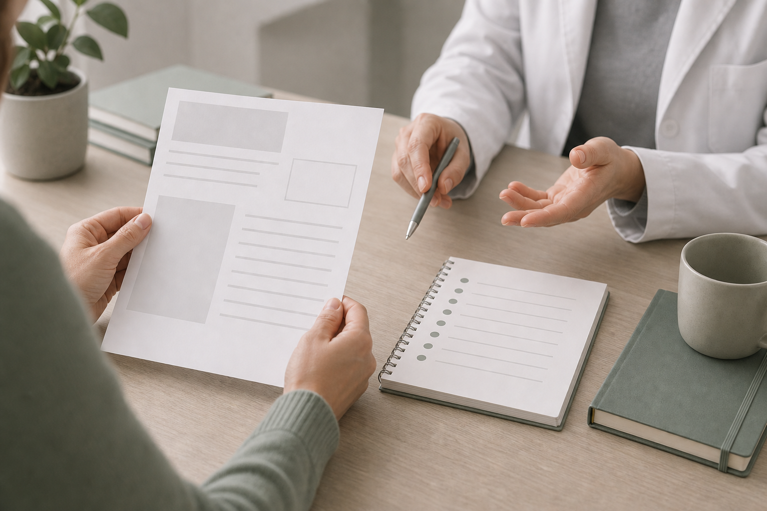 Calm conversation between a patient and a pharmacist with a generic product label and question list.