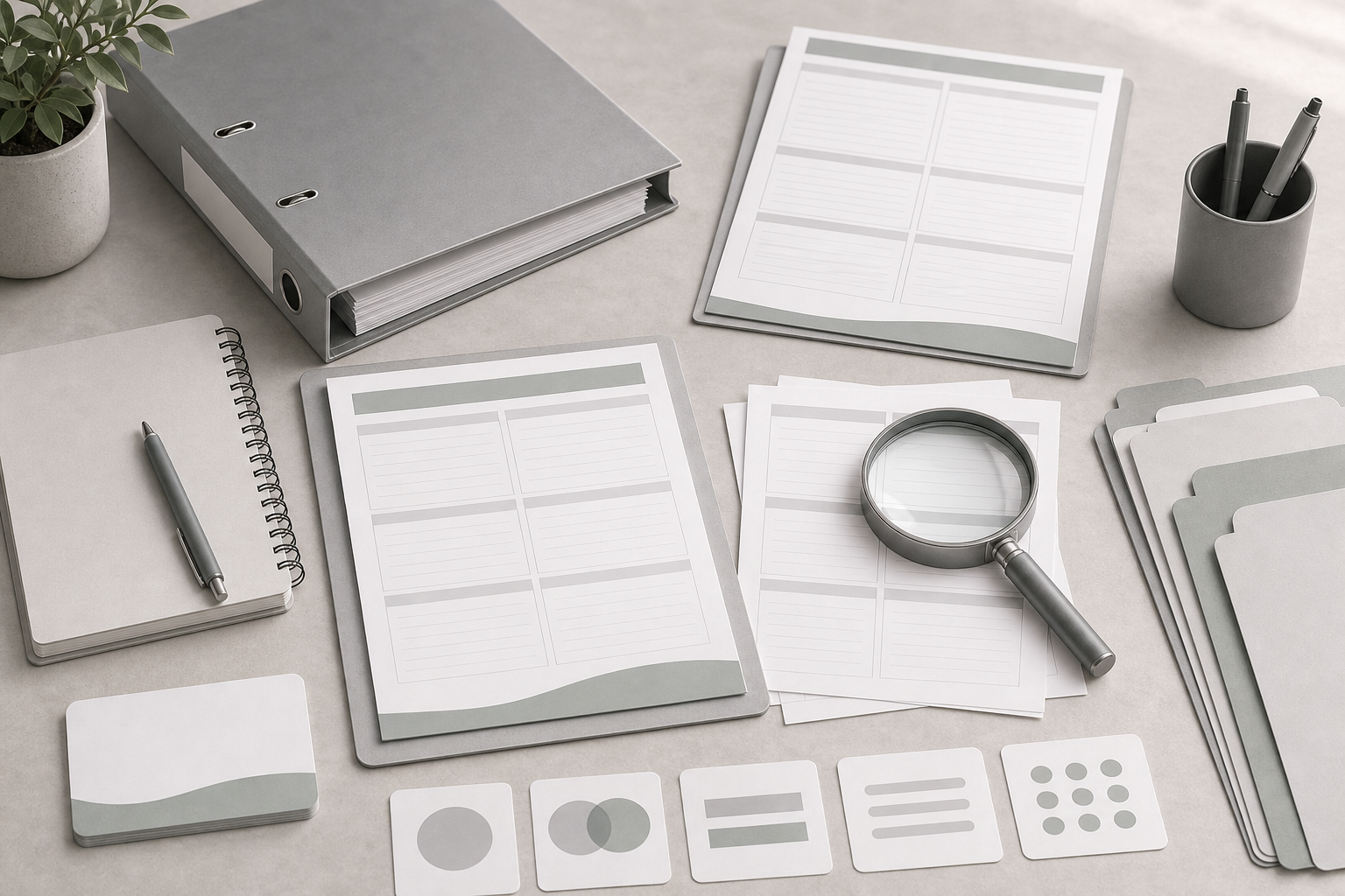 Neutral industry documentation desk with blank safety data sheets and abstract geometric markers.