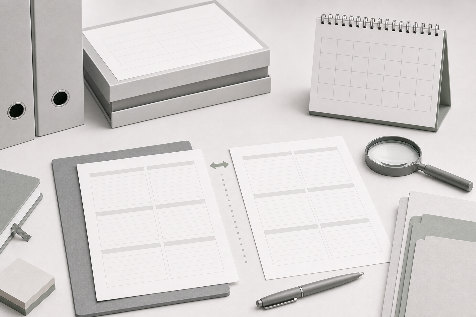 Abstract document revision review workspace with blank calendar shape and comparison sheets.