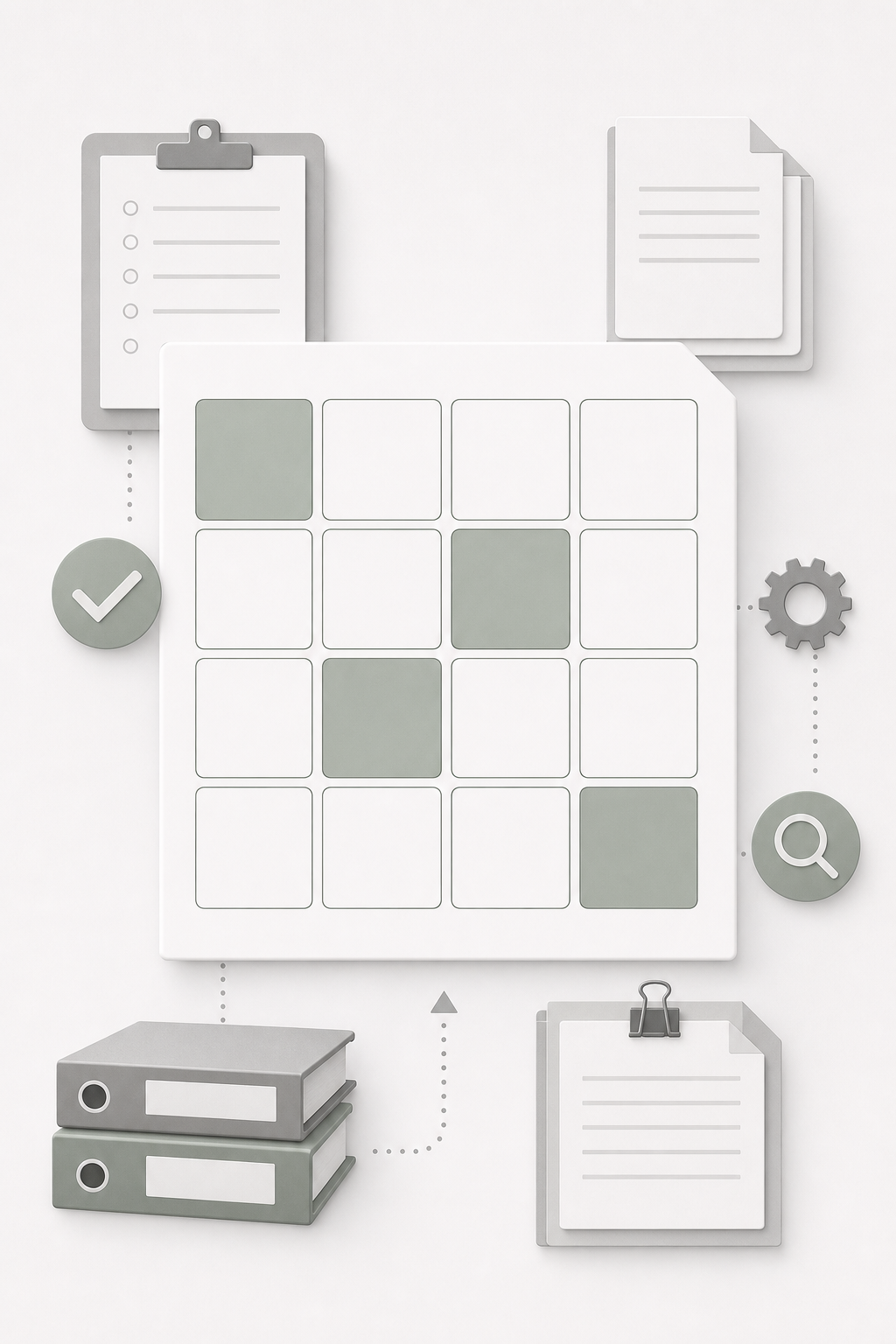 Blank sixteen-cell safety data sheet grid concept with highlighted document sections and no text.