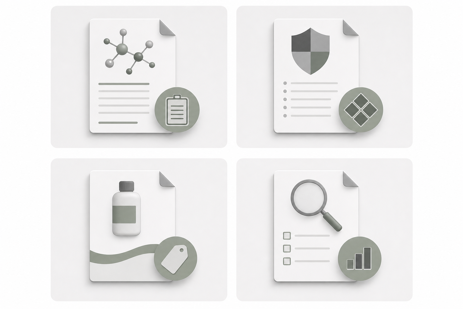 Abstract industry graphic separating substance record, SDS, product label, and evidence review documents.