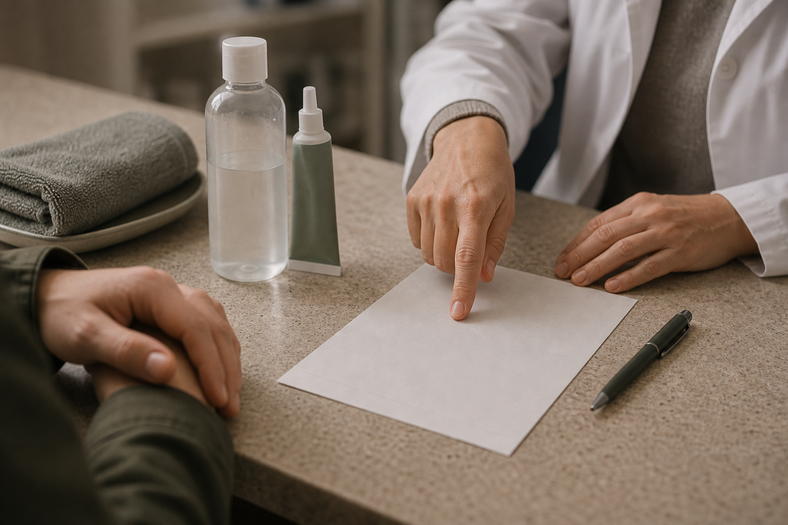 Clinic consultation counter with anonymous hands, blank lab sheet, unbranded wash bottle, nasal tube, and folded towel.