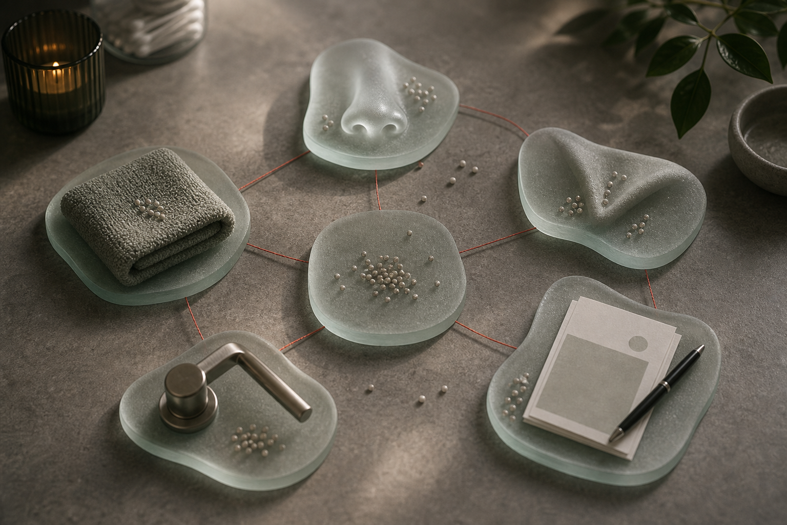 Abstract tabletop map with separate glass islands for nose, skin fold, towel, household surface, and clinic note.