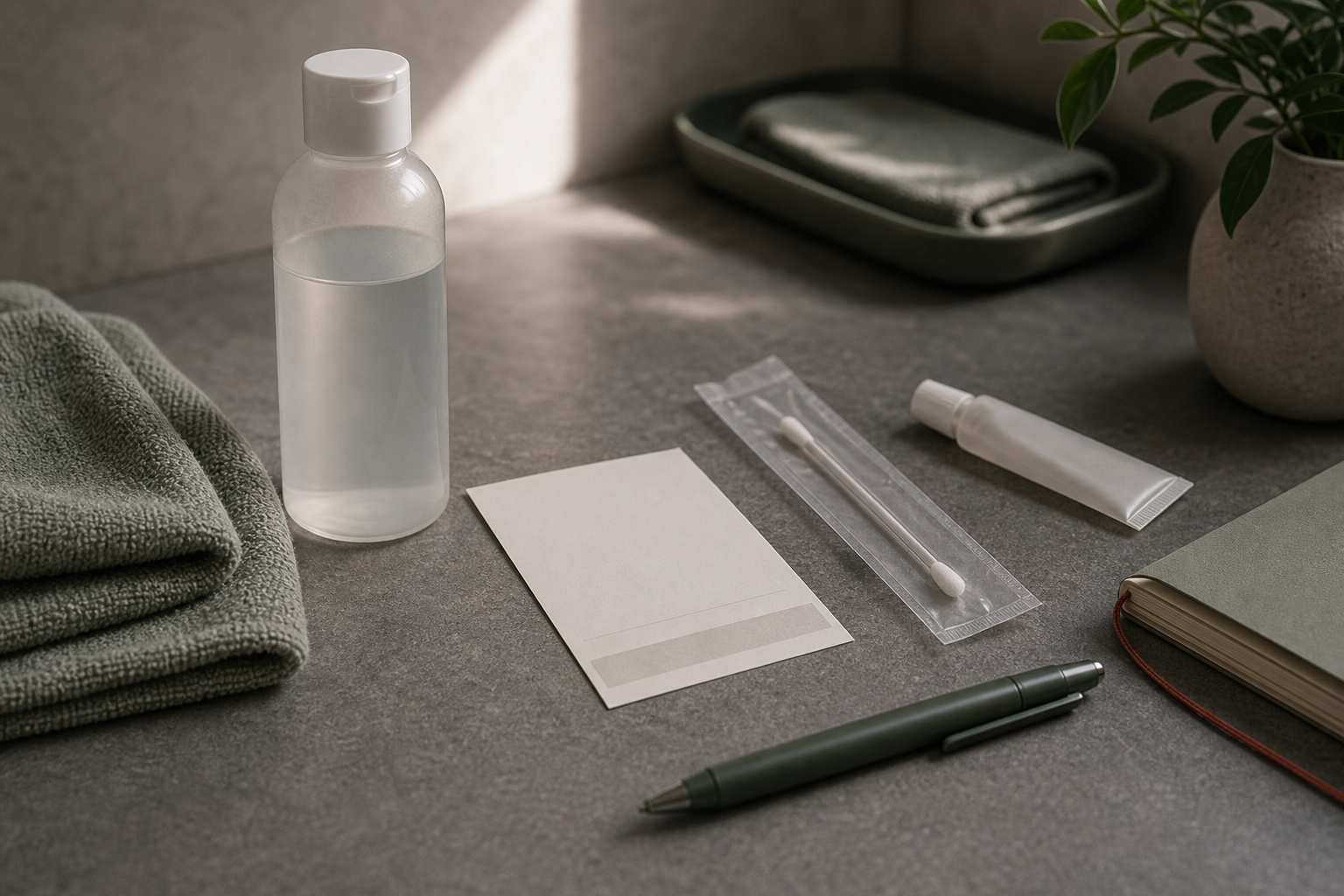 Appointment desk with blank lab card, sealed swab packet, wash bottle silhouette, nasal tube silhouette, towel, and notebook.