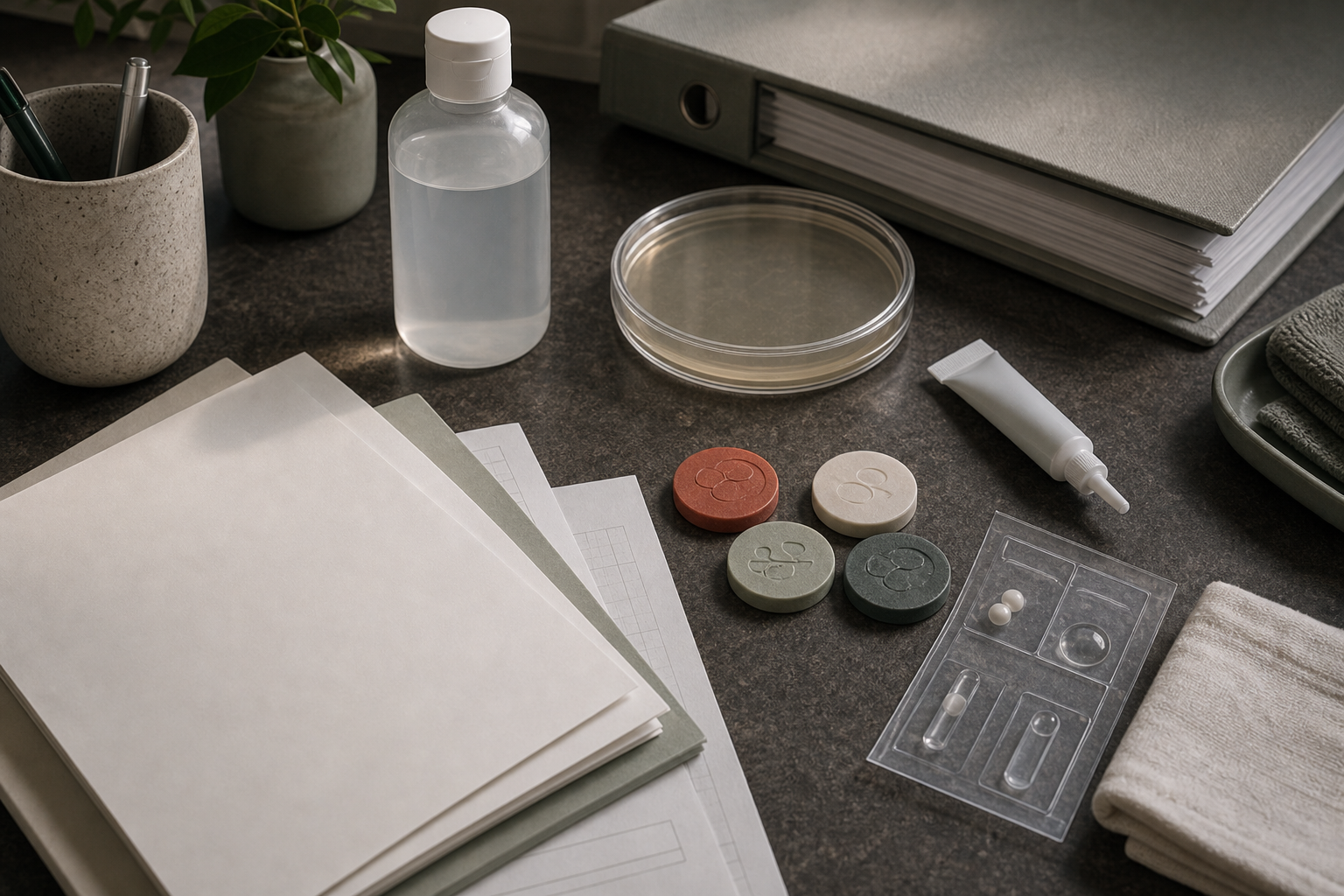Clinical evidence workbench with blank study papers, culture dish, wash bottle silhouette, nasal tube, and endpoint tokens.