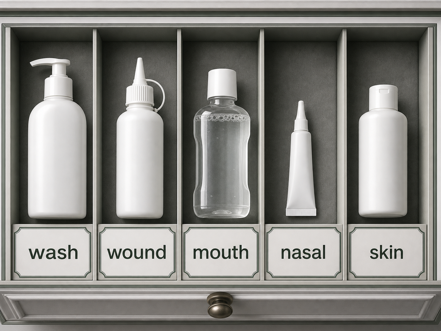 Drawer of unbranded product forms labeled wash, wound, mouth, nasal, and skin.