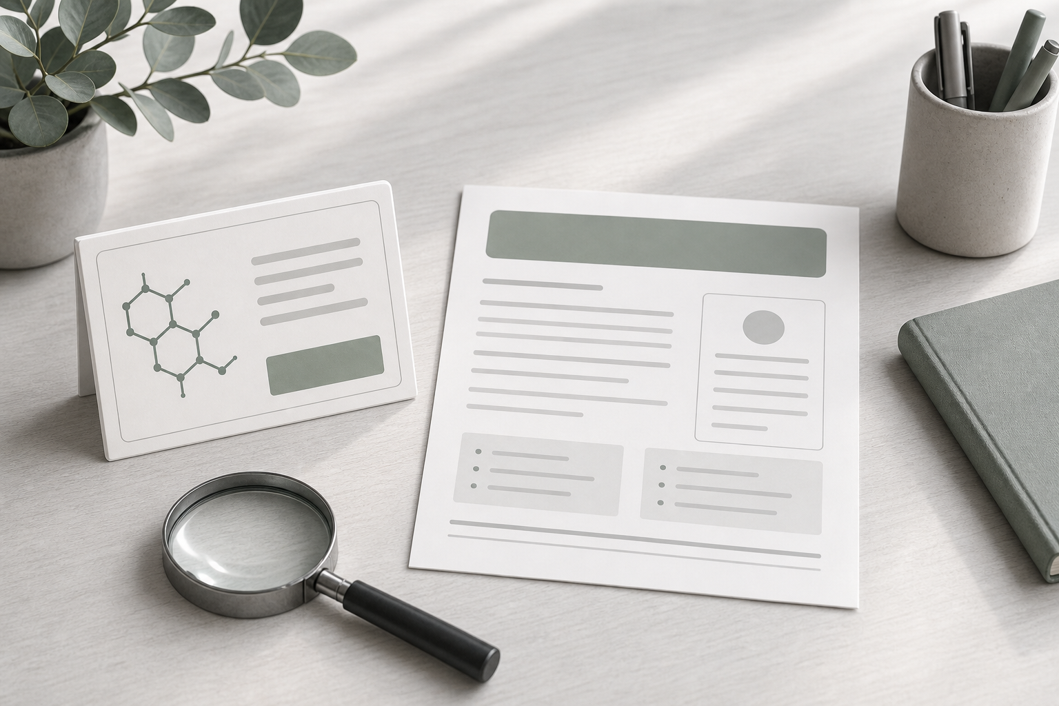 A neutral desk scene with a blank ingredient identity card and an unbranded product label sheet.