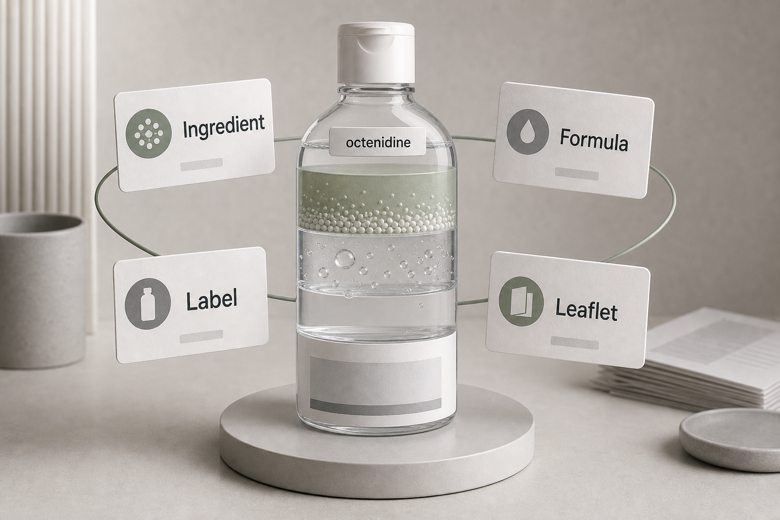 Translucent bottle cutaway with labels for octenidine, ingredient, formula, label, and leaflet.