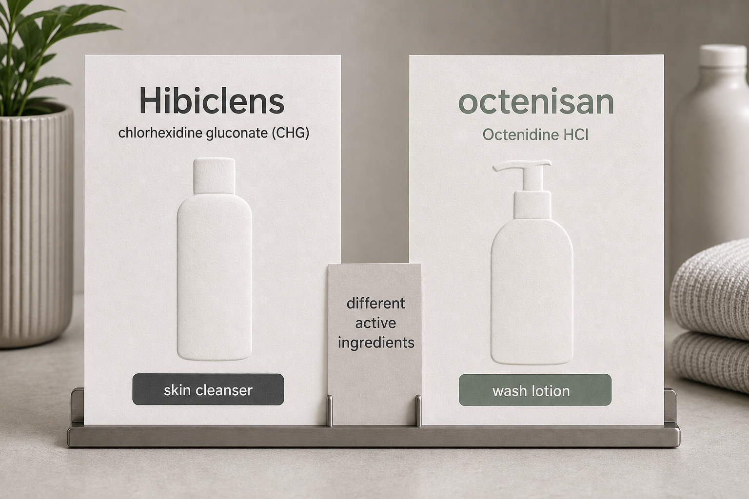 Side-by-side cards comparing Hibiclens as a CHG skin cleanser with octenisan as an Octenidine HCl wash lotion.