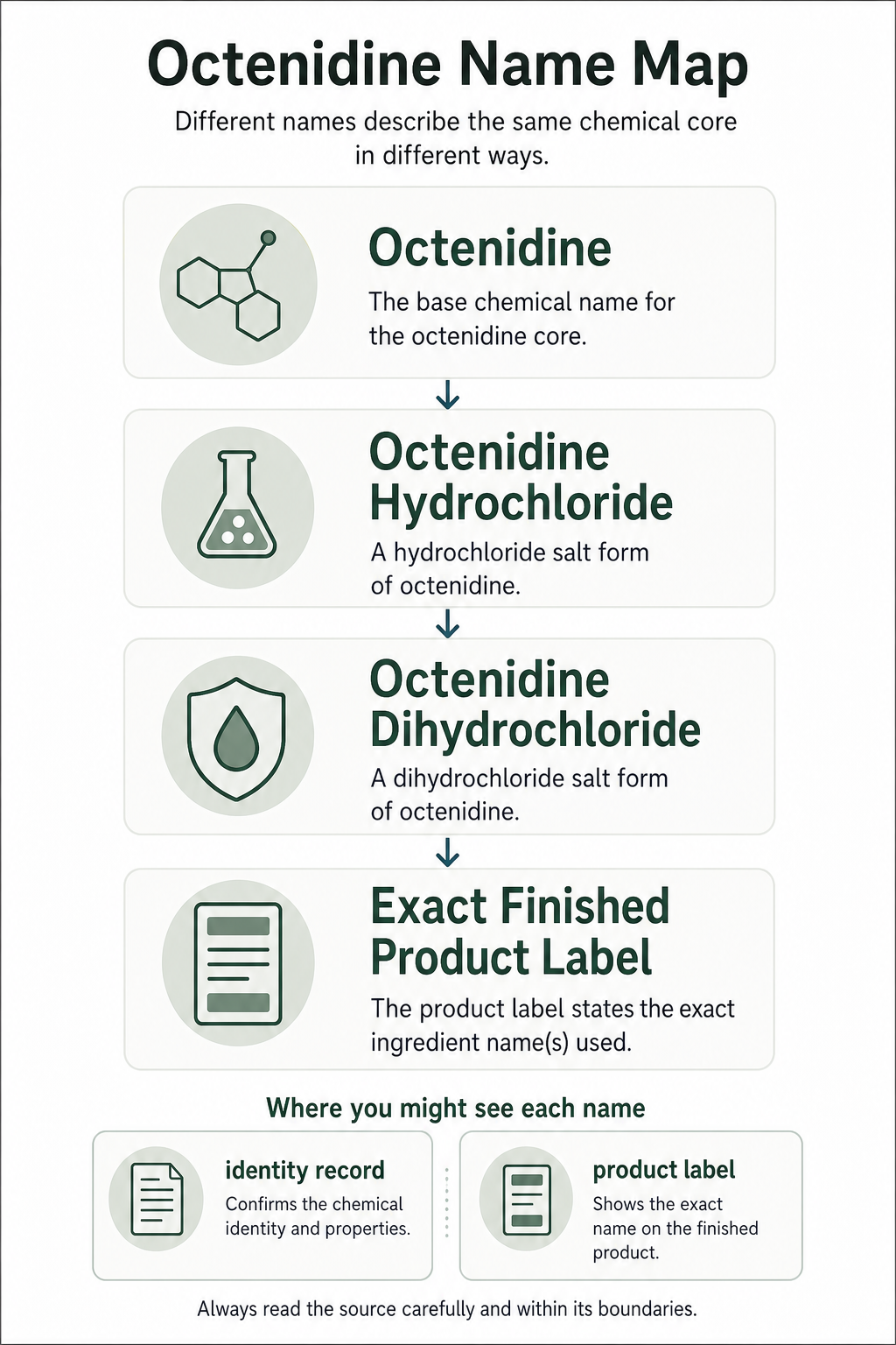 Educational graphic connecting octenidine, octenidine hydrochloride, and octenidine dihydrochloride to the same ingredient identity record.
