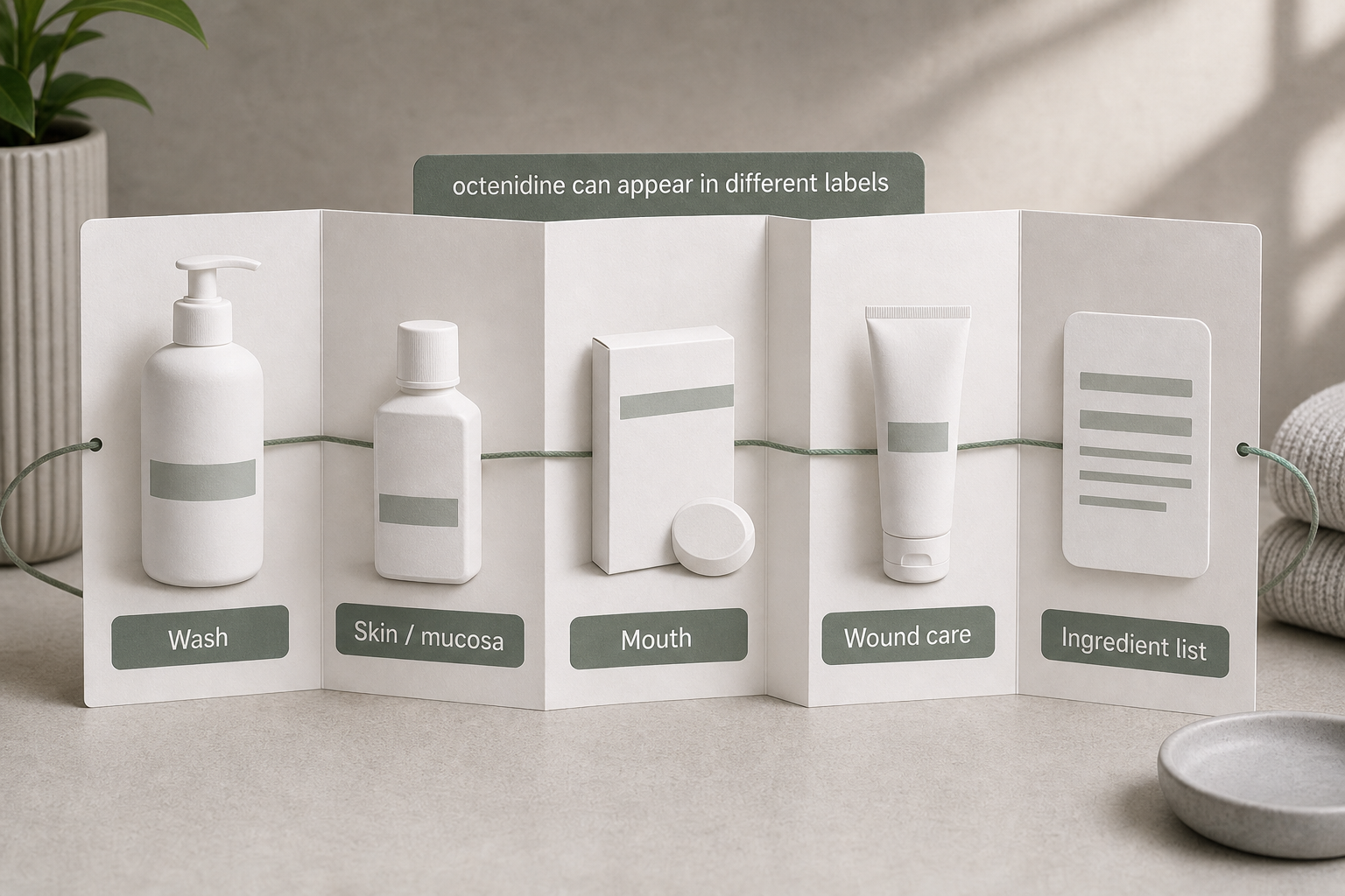 Fold-out guide showing octenidine appearing in wash, skin and mucosa, mouth, wound-care, and ingredient-list labels.