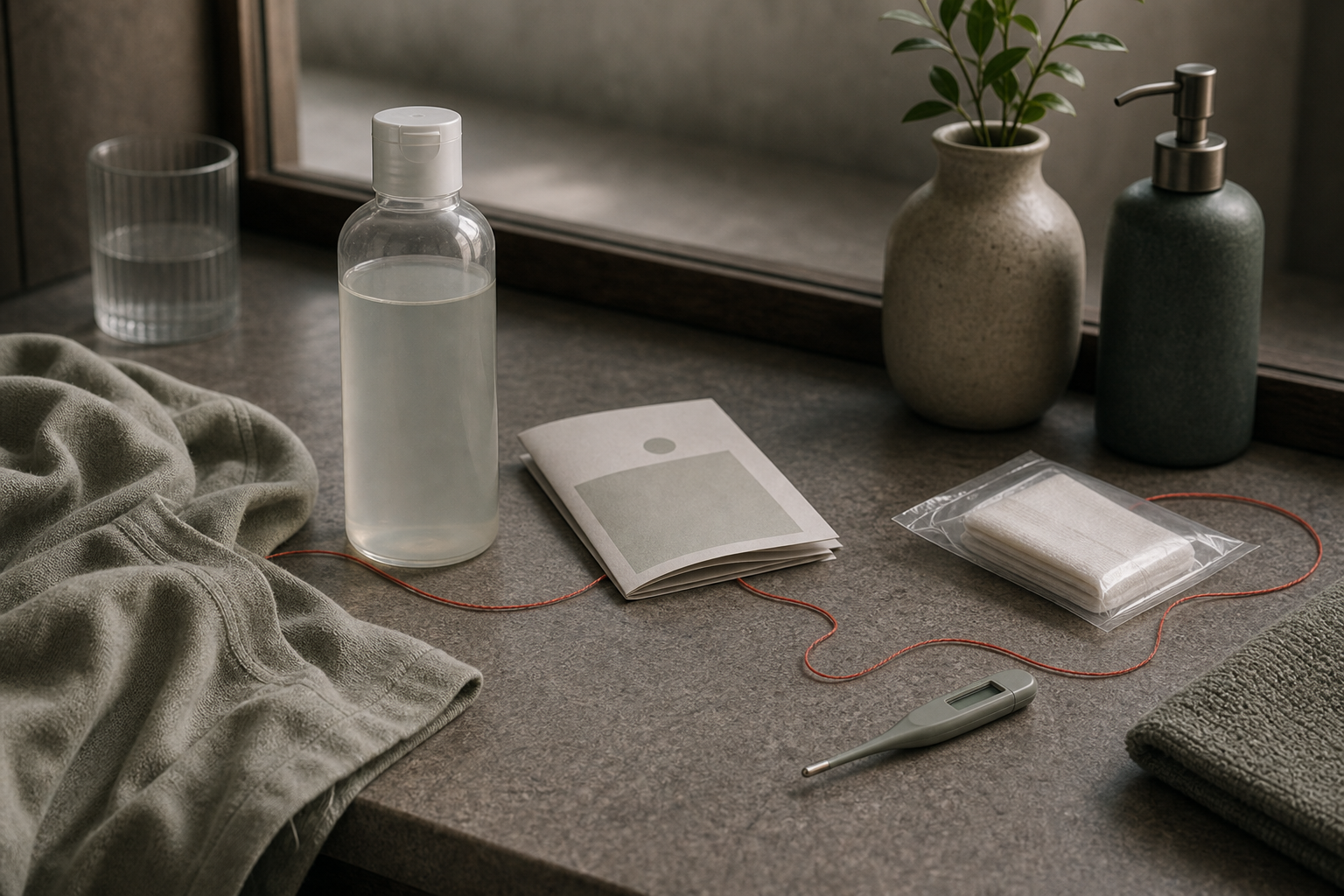 Soft fabric, unbranded product bottle, folded clinic note, and red-coral thread on a bathroom counter.