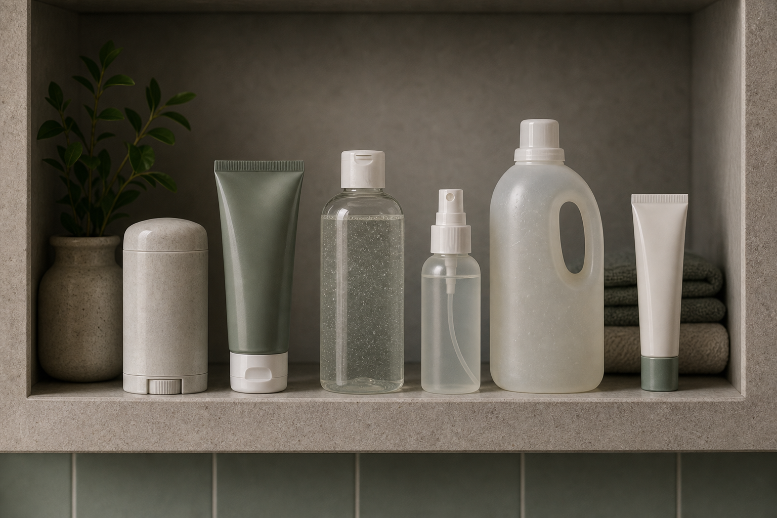 Bathroom shelf with fictional deodorant, antiperspirant, cleanser, spray, laundry product, and prescription-style tube.