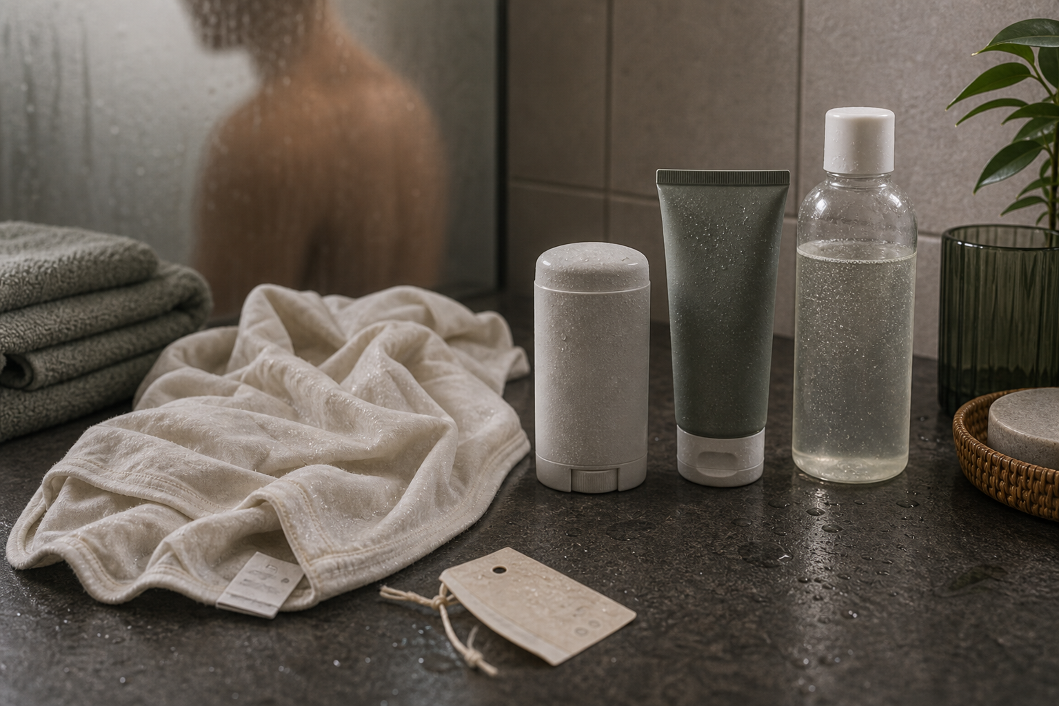 Bathroom counter with an unbranded deodorant, antiperspirant, wash bottle, cotton shirt, and laundry tag.