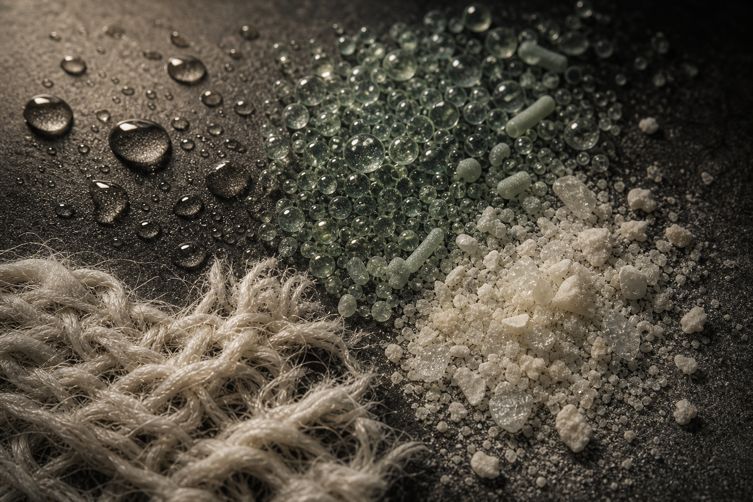 Abstract tabletop with sweat droplets, microbe-like glass beads, fabric fibers, and product residue fragments.